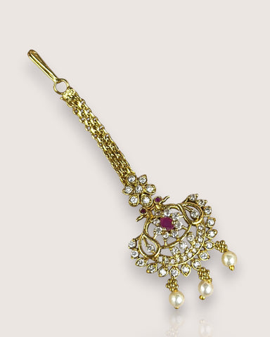 Antique Gold Temple Maang Tikka with Pearl Drops JH7715