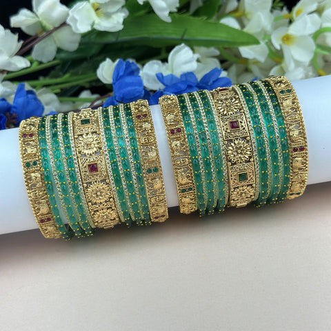 Royal Green & Gold Traditional Bangle Set with Stone Work JH7723