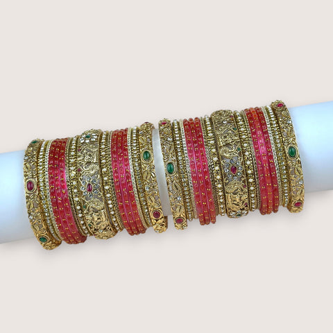 Traditional Metal And Glass Combination Grand Bridal Bangles Set JH7768