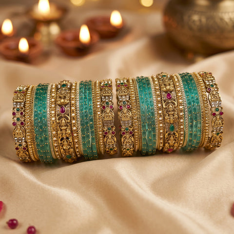 Traditional Metal And Glass Combination Grand Bridal Bangles SetJH7773