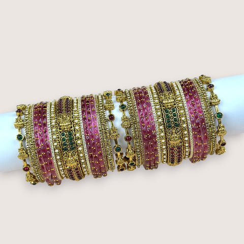 Traditional Metal And Glass Combination Grand Bridal Bangles SetJH7774