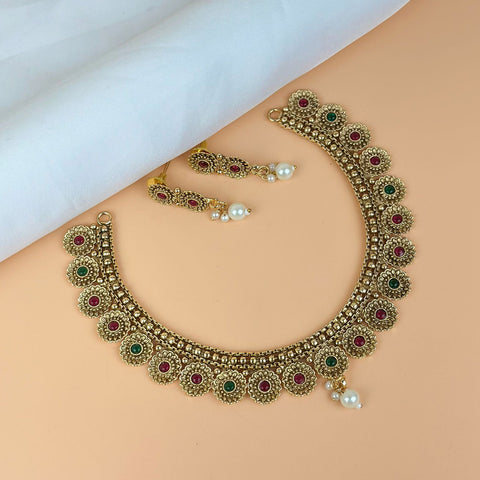 Exclusive Gold Finish Antique Necklace With Earrings JH7822