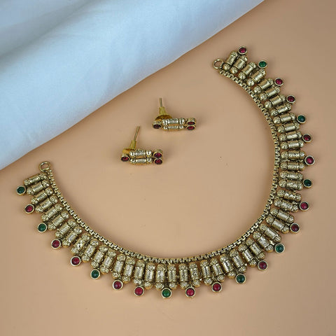 Exclusive Gold Finish Antique Necklace With Earrings JH7824