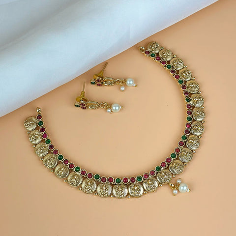 Exclusive Gold Finish Antique Necklace With Earrings JH7825