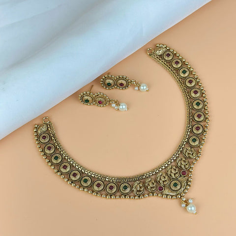 Exclusive Gold Finish Antique Necklace With Earrings JH7826