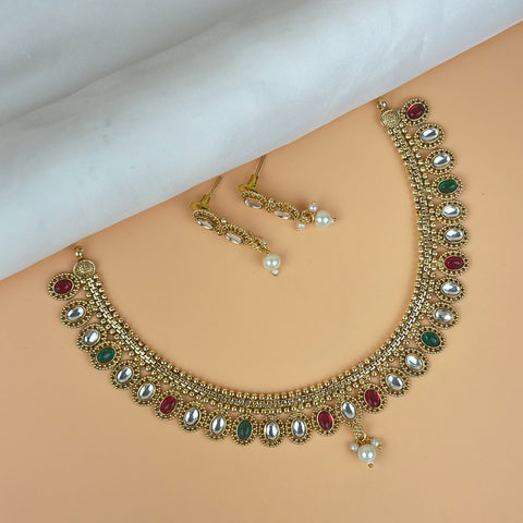 Exclusive Gold Finish Antique Necklace With Earrings JH7838