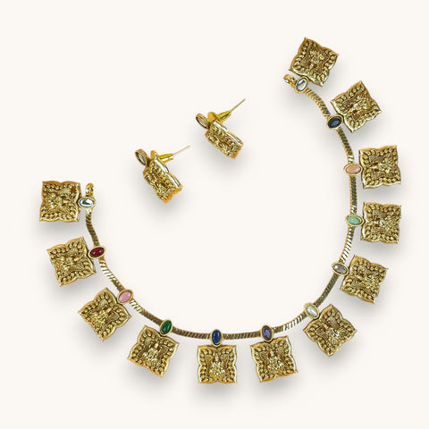 Exclusive Gold Finish Antique Necklace With Earrings JH7843