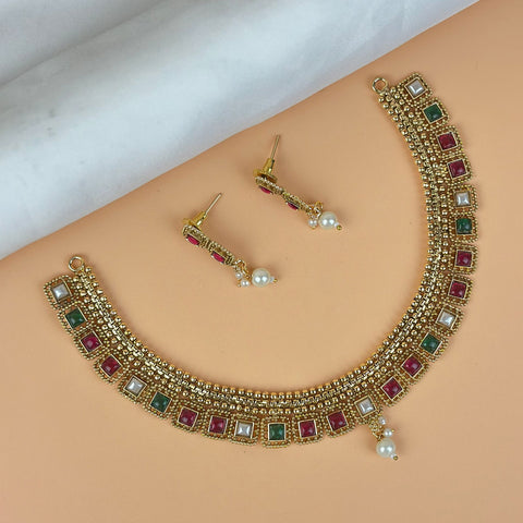 Exclusive Gold Finish Antique Necklace With Earrings JH7844