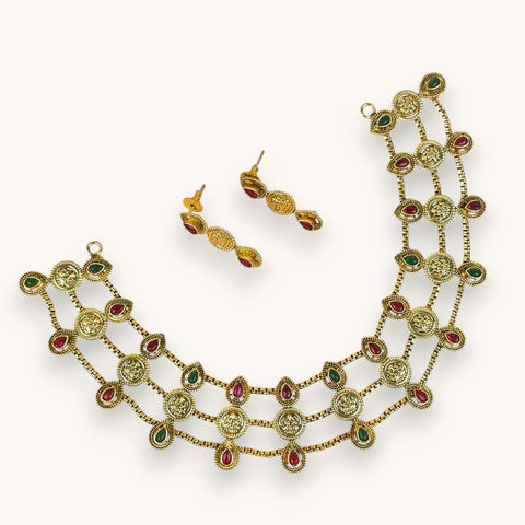 Exclusive Gold Finish Antique Necklace With Earrings JH7847
