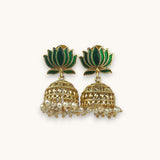 Gold and green earrings with pearl accents on a white background