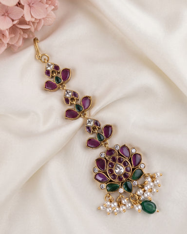 Antique Gold Temple Maang Tikka with Pearl Drops  JH8066