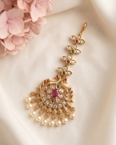 Antique Gold Temple Maang Tikka with Pearl Drops  JH8070