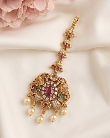 Antique Gold Temple Maang Tikka with Pearl Drops  JH8076