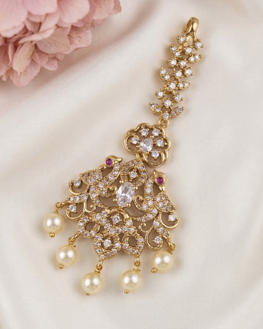 Antique Gold Temple Maang Tikka with Pearl Drops  JH8077