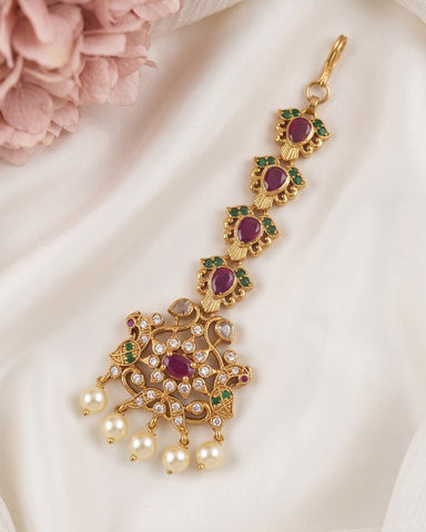 Antique Gold Temple Maang Tikka with Pearl Drops  JH8079