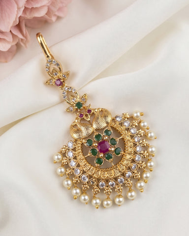 Antique Gold Temple Maang Tikka with Pearl Drops  JH8080