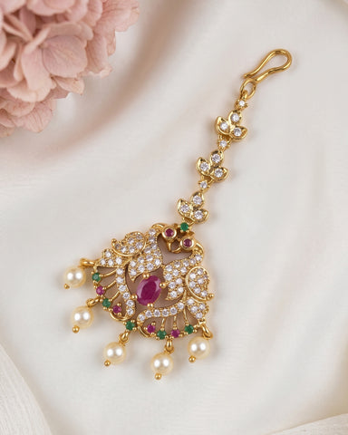 Antique Gold Temple Maang Tikka with Pearl Drops  JH8082