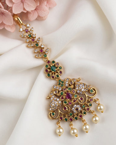 Antique Gold Temple Maang Tikka with Pearl Drops  JH8084