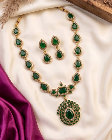 Elegant Jyothika Inspired Emerald Green Long Necklace Haram With Earrings