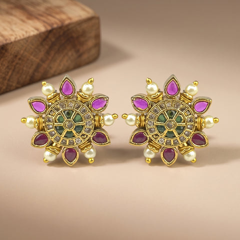 Elegant Gold Finish Antique Pearl Stud Earrings JH8311