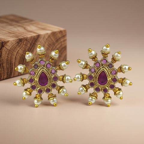 Elegant Gold Finish Antique Pearl Stud Earrings JH8314