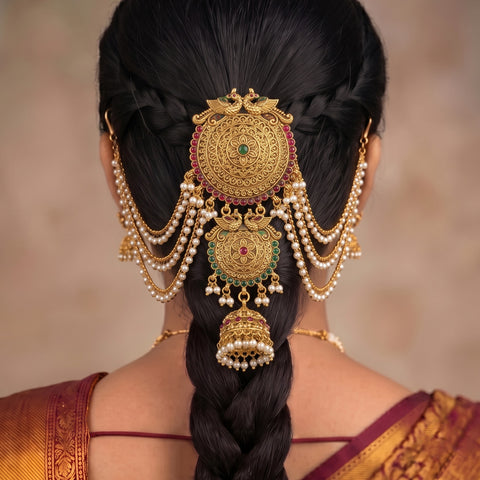 A woman viewed from behind wearing an ornate traditional Indian gold hair ornament (manglik) with intricate filigree, hanging pearl strands, and small red and green stone accents, styled in a deep side braid.