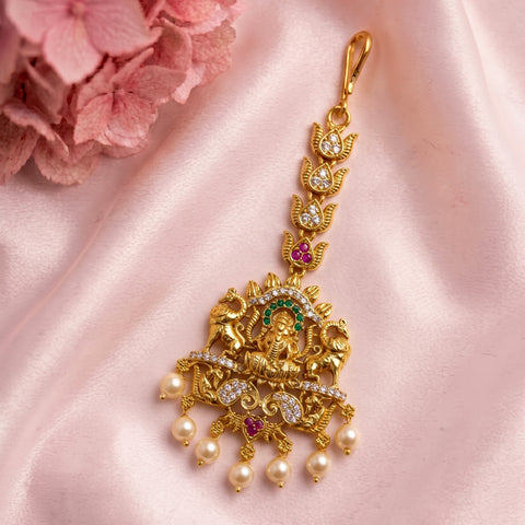 Antique Gold Temple Maang Tikka with Pearl Drops  JH8674