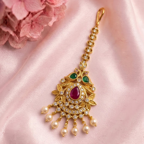 Antique Gold Temple Maang Tikka with Pearl Drops  JH8679