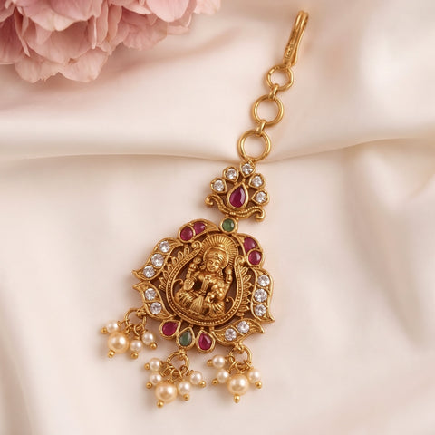Antique Gold Temple Maang Tikka with Pearl Drops  JH8681