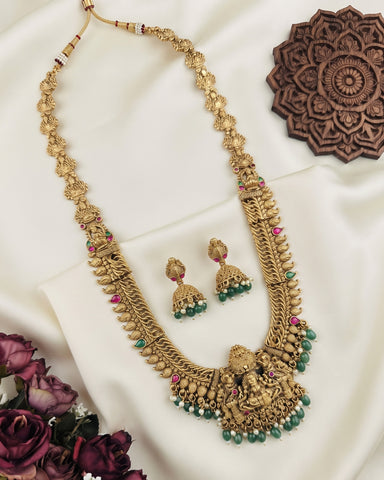 Traditional Antique Gold Finish  South Indian Temple Long Necklace Haram JH8737