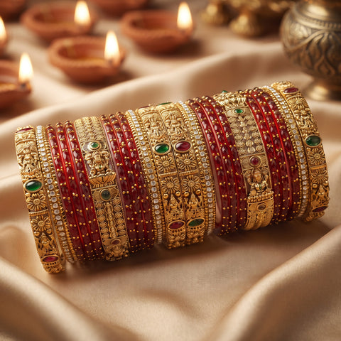 A stack of ornate Indian bangles (kara bracelets) featuring red glass beads, gold-plated metal bands, and small green and red stone accents, displayed on draped beige fabric with blurred diya candles in the background.