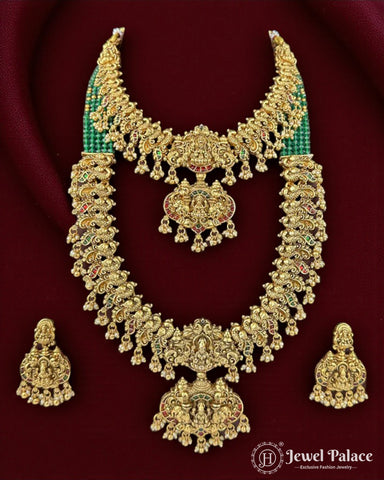 Premium Antique Temple Design Combo Jewellery Set with Lakshmi Motifs and Kemp Stones