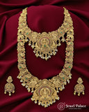 Ornate gold necklace with matching earrings on a red fabric background, featuring 'Jewel Palace' branding.