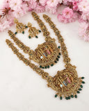Premium Gold Plated Srinivasa Combo Necklace Set with Green Beads