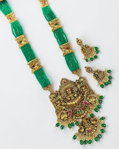 Emerald Beaded Lakshmi Temple Long Necklace Haram Set