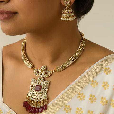 Beautiful Gold Plated With Kemp Stone Designer Necklace Set JH5388
