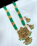 Emerald Beaded Lakshmi Temple Long Necklace Haram Set