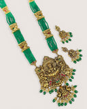 Emerald Beaded Lakshmi Temple Long Necklace Haram Set