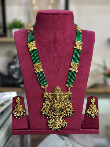 Emerald Beaded Lakshmi Temple Long Necklace Haram Set