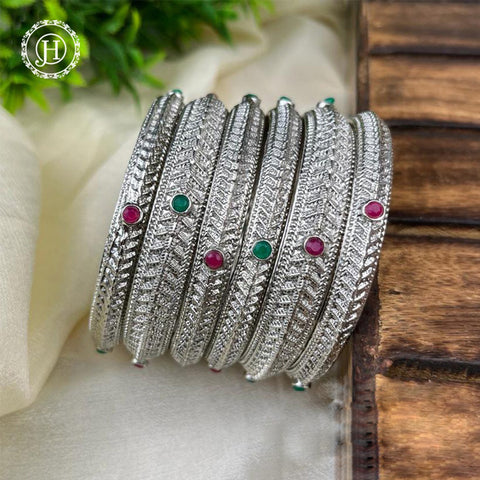 Beautiful Oxidized Bangle Set Of 6 With Colored Stones