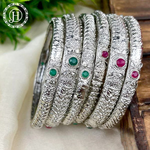 Beautiful Oxidized Bangle Set Of 6 With Colored Stones