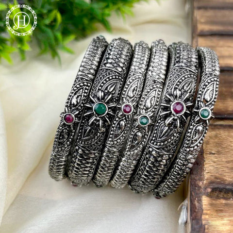 Beautiful Oxidized Bangle Set Of 6 With Colored Stones