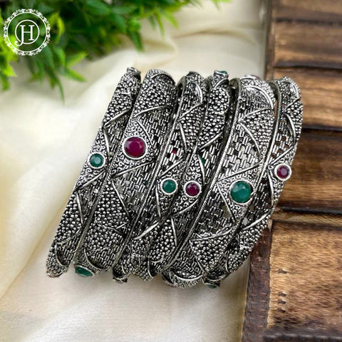 Beautiful Oxidized Bangle Set Of 6 With Colored Stones