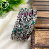 Beautiful Oxidized Bangle Set Of 6 With Colored Stones