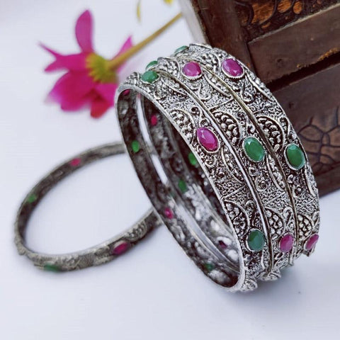 Stunning German Silver Oxidized Bangle Sets From India, with colored stones - www.jewelpalace.in