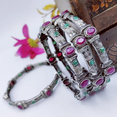 Stunning German Silver Oxidized Bangle Sets From India, with colored stones - www.jewelpalace.in