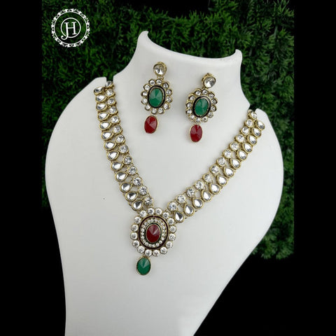 Attractive Gold Plated Kundan Necklace Set With Studded Stones JH1023