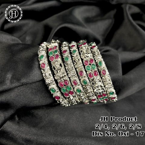 Silver Plated With Kemp Stone Combination Oxidised Bangle Set JH1136