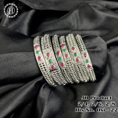 Silver Plated With Kemp Stone Combination Oxidised Bangle Set JH1138