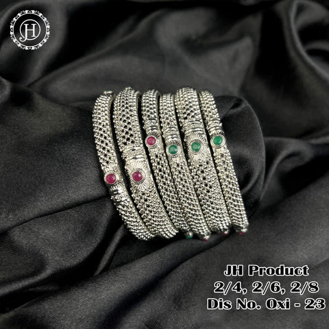 Silver Plated With Kemp Stone Combination Oxidised Bangle Set JH1139